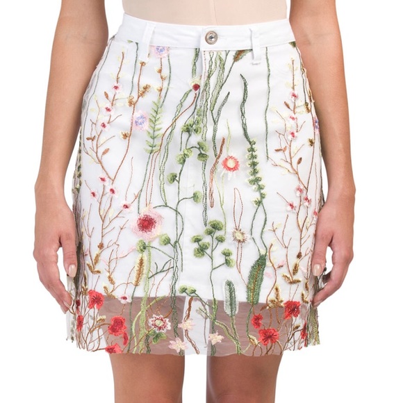 denim skirt with mesh overlay